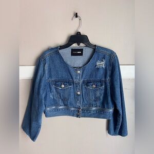 Fashion Nova Light Blue Cropped Denim Jacket with Distressed Hem